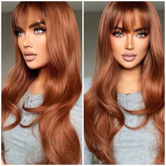 Other - 26” Copper Long Wavy natural Synthetic Fiber Full Wig With Bangs for dai…
